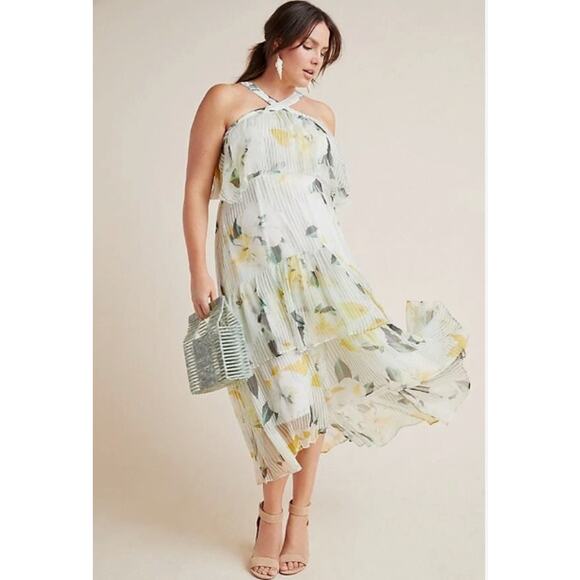 Anthropologie Garden Party Pleated Floral Tiered Halter Midi Dress Size 26W - Picture 1 of 7